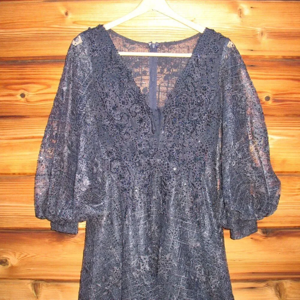MAC DUGGAL 20391 Womens Blue Embellished Plunge Neck Bishop Sleeve Midi Dress